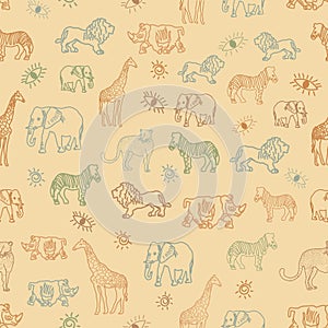 Cute hand drawn African animal safari seamless pattern background.