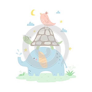 Cute hand drawn animals. Funny cards with lettering. elephant, tortoise, bird. Happy fiends