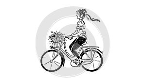 Cute hand drawn animation. Black outline concept. Girl ride on bicycle with flowers. Cartoon character in sketch style.