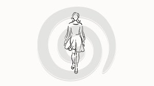 Cute hand drawn animation. Black outline silhouette of woman in dress. Isolated cartoon character in sketch style.
