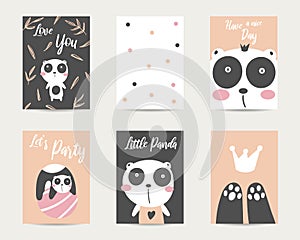 Cute hand drawn anime style baby shower cards, brochures, invitations with panda bear