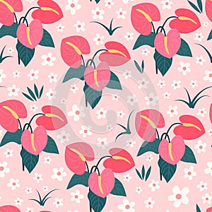 cute hand drawn anthurium flowers bouquet, white daisy flowers and grass seamless vector pattern illustration on pink background