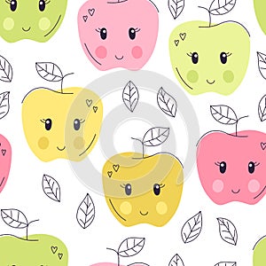 Cute hand drawn apple seamless pattern. Sweet food vector background. Delicious summer design. Wrapping, print