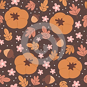 Cute hand drawn autumn fall season seamless vector pattern background illustration with pumpkins, acorns, daisy flowers and leaves