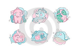 Cute hand drawn baby animals set. Funny blue and pink bird, elephant, unicorn, whale vector illustration