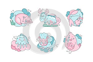 Cute hand drawn baby animals set. Funny blue and pink pig, elk, dog, jellyfish, sheep, bird vector illustration