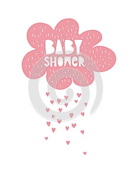 Cute Hand Drawn Baby Shower Pink Vector Cloud, Rain of Hearts. Infantile Illustration.