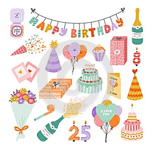 Cute hand drawn birthday set. Trendy holiday elements, party decoration, cupcakes, candles, gifts, balloons, party hat