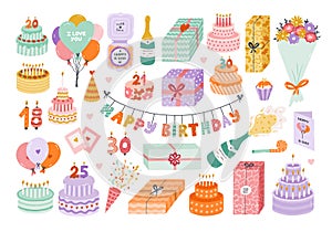 Cute hand drawn birthday set. Trendy holiday elements, party decoration, cupcakes, candles, gifts, balloons, party hat