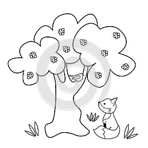 cute hand drawn black and white cartoon character fox and pink bird on tree funny vector illustration for coloring art