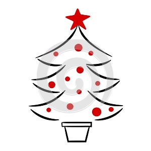 Cute hand drawn black white red christmas tree linear illustration