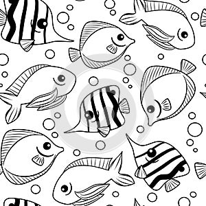 Cute hand drawn black and white seamless vector pattern background illustration with fishes for coloring art