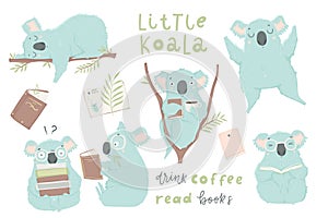 Cute hand drawn blue koala illustration set