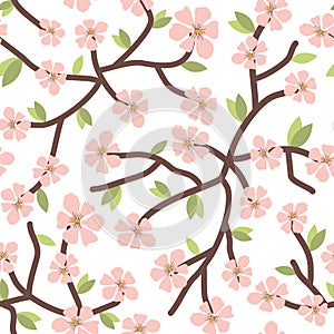 cute hand drawn branches with pink cherry flowers seamless vector pattern background illustration