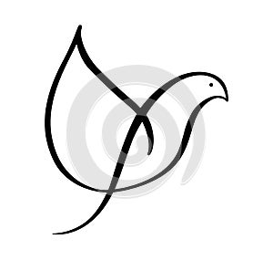 Cute Hand Drawn calligraphy dove for design. Flying pigeon logo. bird brush line. Black and white vector illustration