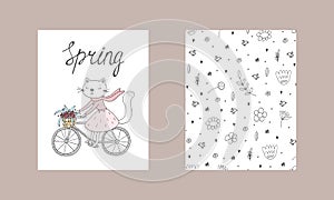 Cute hand drawn card with Cat and Bicycle, Flowers. Printable templates.