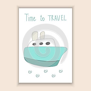 Cute hand drawn card with ship. Printable template.