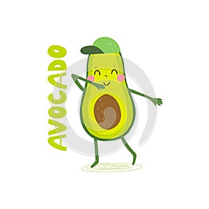 Cute hand drawn with cartoon avocado. Funny cartoon avocado healhty food. Fresh print