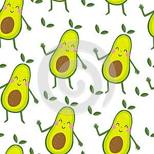 Cute hand drawn with cartoon avocado. Funny cartoon avocado healhty food. Fresh print. Seamless pattern