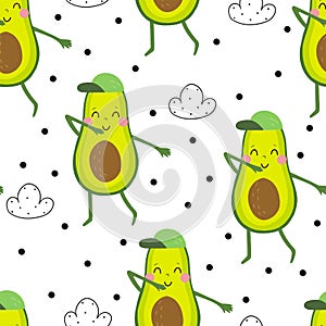 Cute hand drawn with cartoon avocado. Funny cartoon avocado healhty food. Fresh print. Seamless pattern