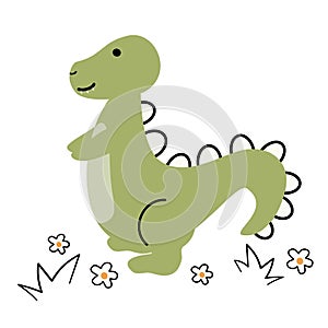 cute hand drawn cartoon character green dinosaur funny vector illustration with daisy flowers isolated on white background