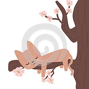 cute hand drawn cartoon character little cat sleeping on cherry tree funny vector illustration