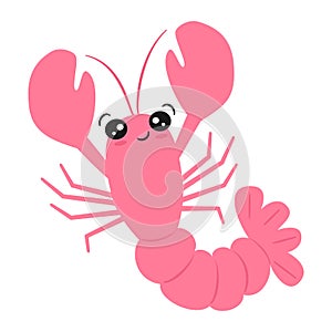 Cute hand drawn cartoon character pink lobster funny vector illustration isolated on white background