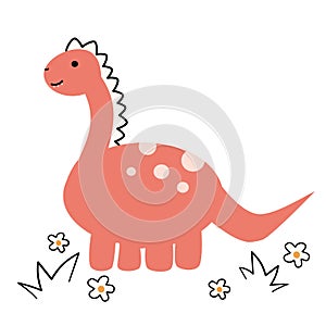 cute hand drawn cartoon character red dinosaur funny vector illustration with daisy flowers isolated on white background