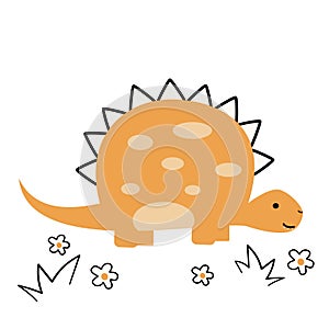 cute hand drawn cartoon character yellow dinosaur funny vector illustration with daisy flowers isolated on white background