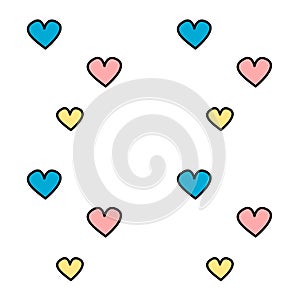Cute hand drawn cartoon pink blue and yellow hearts seamless pattern background illustration