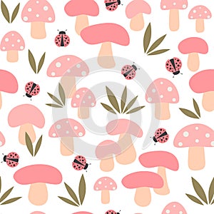 Cute hand drawn cartoon seamless vector pattern background illustration with pink mushrooms, green grass and ladybugs