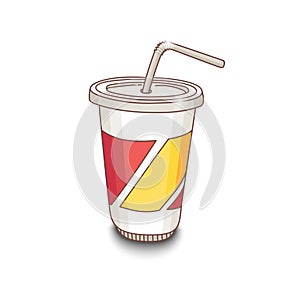 Cute hand-drawn cartoon style cup with drink. Shadow on white background.