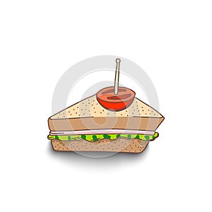 Cute hand-drawn cartoon style sandwich with shadow on white background.