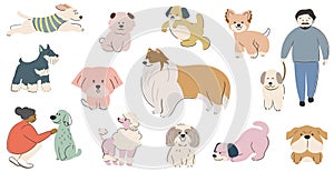 Cute Hand-Drawn Cartoonish Dogs Vector Illustration Set Isolated On A White Background.