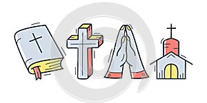 Cute Hand Drawn Christian Theme Doodle Collection In White Isolated Background