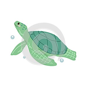 Cute hand-drawn colored marine green turtle in flat style, ocean aquatic underwater kawaii vector. Vector cartoon illustration on