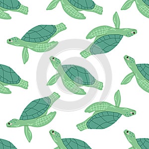 Cute hand-drawn colored marine green turtle, seamless pattern in flat style, ocean aquatic underwater kawaii vector. Vector