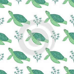 Cute hand-drawn colored marine green turtle, seamless pattern in flat style, ocean aquatic underwater kawaii vector. Vector