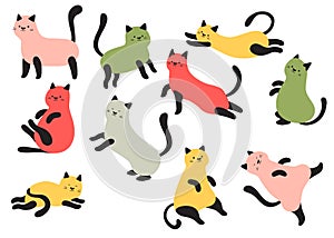 Cute hand drawn colorful lazy cats doodle characters in different poses vector illustration