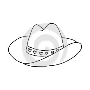 Cute hand drawn cowgirl hat doodle with outline. Sheriff girl hat with hearts in cowboy and cowgirl western theme