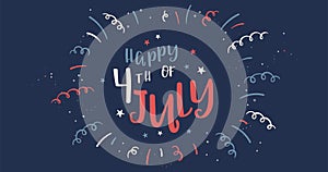 Cute hand drawn design, 4th of July banner with confetti and decoration, doodle elements, great for banners, wallpapers,