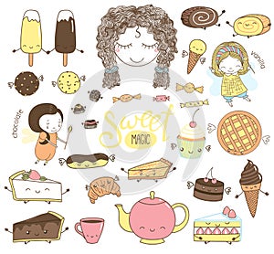 Cute hand drawn dessert doodles with girl fairies