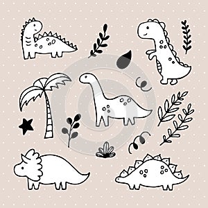 Cute hand drawn dinosaurs and tropical plants. Dino collection for kids. Funny characters set