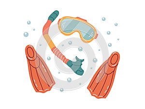 Cute hand drawn diving mask, diving fins and snorkel, vector Marine concept elements. Flat illustration on white background