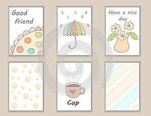 Cute hand drawn doodle birthday, party, baby shower cards, brochures, invitations with cup, flowers, umbrella, rain. Objects