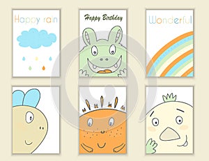 Cute hand drawn doodle birthday, party, baby shower cards, brochures, invitations with monsters, rainbow, cloud, rain. Printable