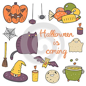 Cute hand drawn doodle halloween objects