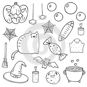 Cute hand drawn doodle halloween objects collection