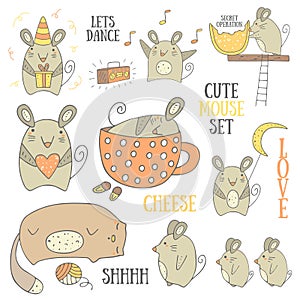 Cute hand drawn doodle mouse collection