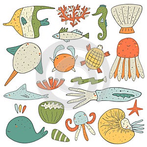 Cute hand drawn doodle sea animals collection